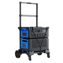 Portable power station with wheels and a blue battery pack on a white background