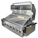 A stainless steel outdoor grill with six main burners and a rear infrared burner, featuring a closed lid and a side view showing the grill's construction and burner details.