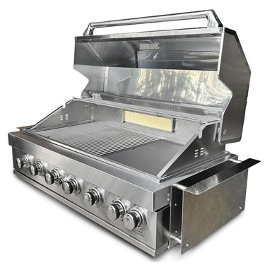 A stainless steel outdoor grill with six main burners and a rear infrared burner, featuring a closed lid and a side view showing the grill's construction and burner details.