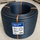 A large coil of blue poly pipe, secured with brown straps, on a concrete floor. A white and blue label on the front reads 'POLY PIPE BLUE LINE', 'SIZE 16mm', 'LENGTH 300mts', and 'COIL'.