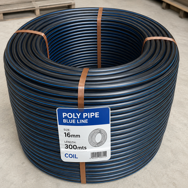 A large coil of blue poly pipe, secured with brown straps, on a concrete floor. A white and blue label on the front reads 'POLY PIPE BLUE LINE', 'SIZE 16mm', 'LENGTH 300mts', and 'COIL'.