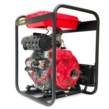 A high pressure portable diesel water pump with a red engine, red fuel tank, black metal frame, and a black battery, shown on a white background.