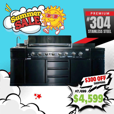 Bull BBQ Black Edition 8-Burner Outdoor Kitchen With Sink & Rotisserie – #304 Premium Stainless Steel