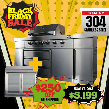 Bull BBQ Premium 6-Burner Outdoor Kitchen with Sink & Rotisserie with Double Fridge Cooler Module – #304 Stainless Steel