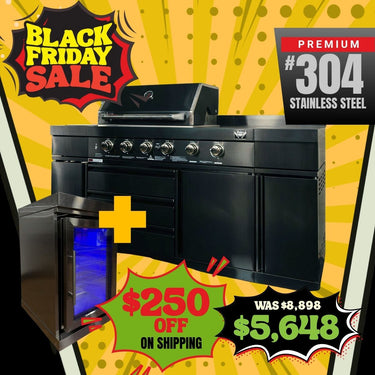 Bull BBQ Black Edition Outdoor Kitchen 6 Burner With Sink & Rotisserie with Single Fridge Cooler Module – #304 Stainless Steel