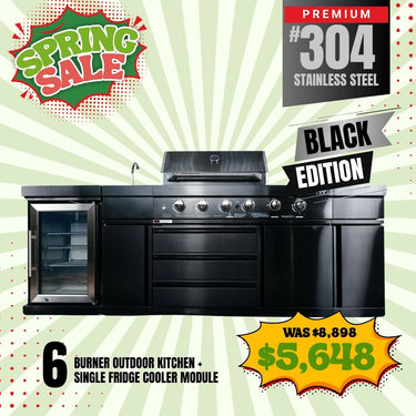 Bull BBQ Black Edition Outdoor Kitchen 6 Burner With Sink & Rotisserie with Single Fridge Cooler Module – #304 Stainless Steel