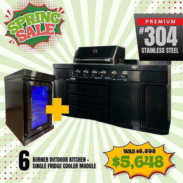 Bull BBQ Black Edition Outdoor Kitchen 6 Burner With Sink & Rotisserie with Single Fridge Cooler Module – #304 Stainless Steel