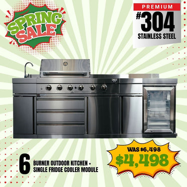 Bull BBQ Premium 6-Burner Outdoor Kitchen with Sink & Rotisserie with Single Fridge Cooler Module – #304 Stainless Steel