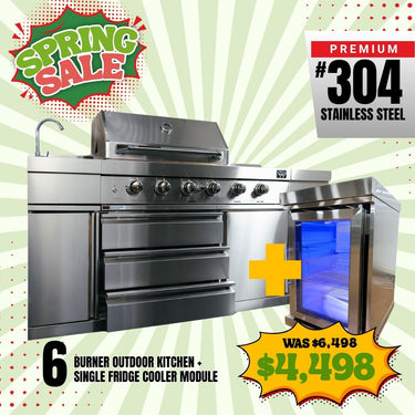 Bull BBQ Premium 6-Burner Outdoor Kitchen with Sink & Rotisserie with Single Fridge Cooler Module – #304 Stainless Steel