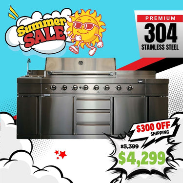 Bull BBQ Premium 8-Burner Outdoor Kitchen With Sink and Rotisserie – #304 Stainless Steel