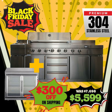 Bull BBQ Premium 8-Burner Outdoor Kitchen with Sink & Rotisserie with Double Fridge Cooler Module – #304 Stainless Steel
