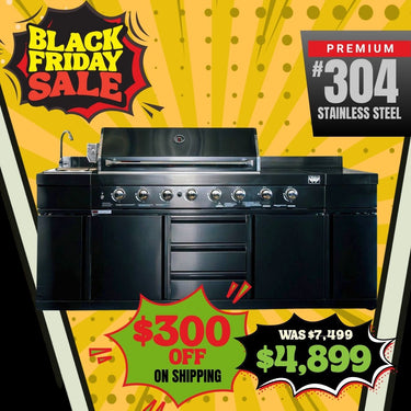 Bull BBQ Black Edition Outdoor Kitchen 8 Burner With Sink & Rotisserie – #304 Stainless Steel