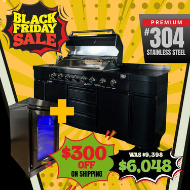 Bull BBQ Black Edition Outdoor Kitchen 8 Burner With Sink & Rotisserie with Single Fridge Cooler Module – #304 Stainless Steel