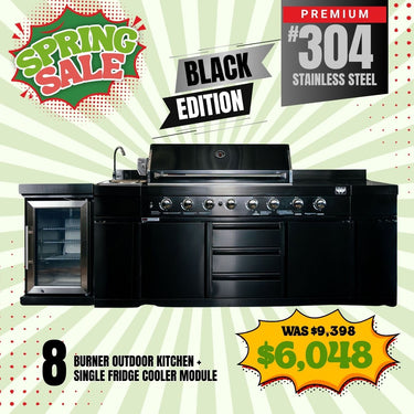 Bull BBQ Black Edition Outdoor Kitchen 8 Burner With Sink & Rotisserie with Single Fridge Cooler Module – #304 Stainless Steel