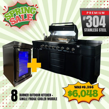 Bull BBQ Black Edition Outdoor Kitchen 8 Burner With Sink & Rotisserie with Single Fridge Cooler Module – #304 Stainless Steel