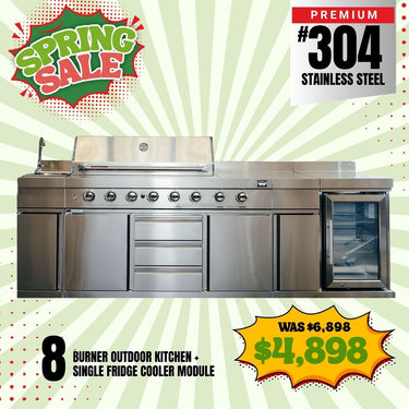 Bull BBQ Premium 8-Burner Outdoor Kitchen with Sink & Rotisserie with Single Fridge Cooler Module – #304 Stainless Steel