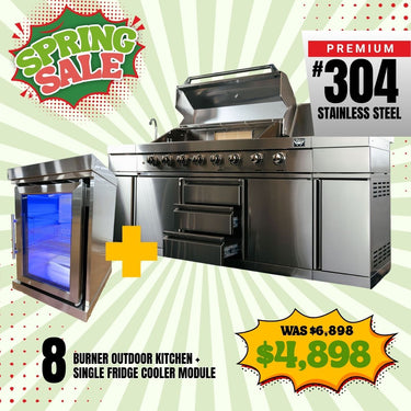 Bull BBQ Premium 8-Burner Outdoor Kitchen with Sink & Rotisserie with Single Fridge Cooler Module – #304 Stainless Steel