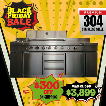 Bull BBQ Stainless Steel Outdoor Kitchen Large 8 Burner With Sink and Rotisserie – #304 Stainless Steel