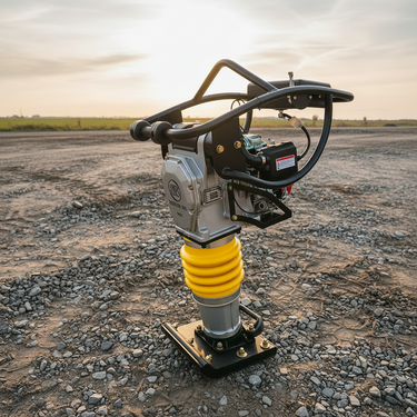 A heavy-duty diesel-powered vibratory plate compactor with a yellow spring and silver engine housing, standing on a gravel surface in an outdoor construction environment at sunset.