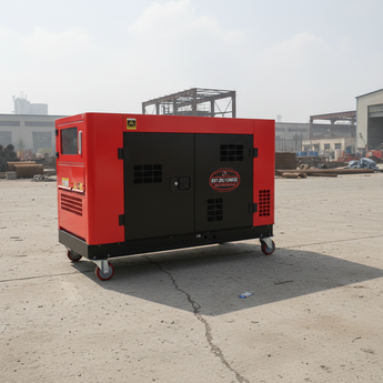 A portable red and black diesel generator on wheels, photographed outdoors in an industrial yard.