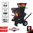 Briggs & Stratton 21 ft/lbs electric chipper with a black and red engine, shown on a white background with feature callout text boxes and a 2-year warranty badge.