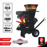 Briggs & Stratton 21 ft/lbs electric chipper with a black and red engine, shown on a white background with feature callout text boxes and a 2-year warranty badge.