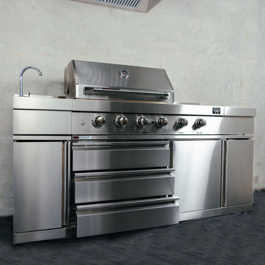 Bull BBQ Premium 6-Burner Outdoor Kitchen with Sink & Rotisserie with Double Fridge Cooler Module – #304 Stainless Steel
