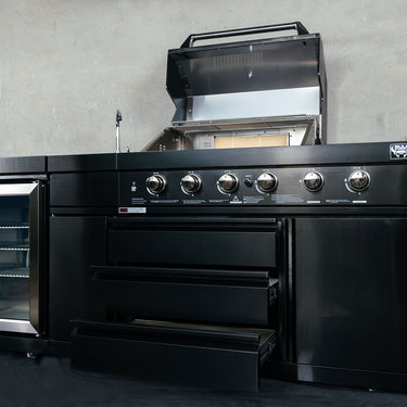Bull BBQ Black Edition Outdoor Kitchen 6 Burner With Sink & Rotisserie with Single Fridge Cooler Module – #304 Stainless Steel