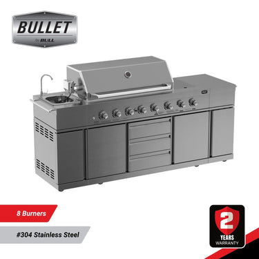 Bullet By Bull Premium 8-Burner Outdoor Kitchen BBQ With Sink and Rotisserie – #304 Stainless Steel