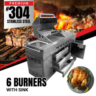 Bull BBQ Premium 6-Burner Outdoor Kitchen with Sink & Rotisserie – #304 Stainless Steel