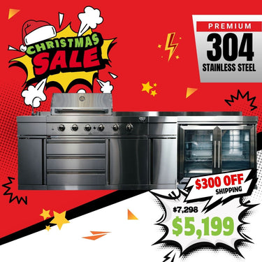 Bull BBQ Premium 6-Burner Outdoor Kitchen with Sink & Rotisserie with Double Fridge Cooler Module – #304 Stainless Steel