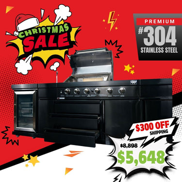 Bull BBQ Black Edition Outdoor Kitchen 6 Burner With Sink & Rotisserie with Single Fridge Cooler Module – #304 Stainless Steel