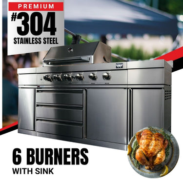 Bull BBQ Premium 6-Burner Outdoor Kitchen with Sink & Rotisserie – #304 Stainless Steel