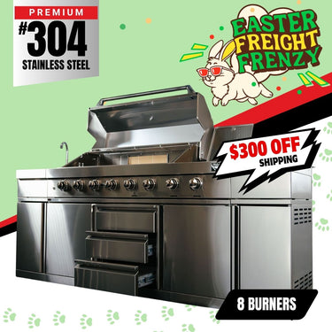 Bull BBQ Premium 8-Burner Outdoor Kitchen With Sink and Rotisserie – #304 Stainless Steel