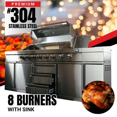 Bull BBQ Stainless Steel Outdoor Kitchen Large 8 Burner With Sink and Rotisserie – #304 Stainless Steel
