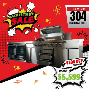 Bull BBQ Premium 8-Burner Outdoor Kitchen with Sink & Rotisserie with Double Fridge Cooler Module – #304 Stainless Steel