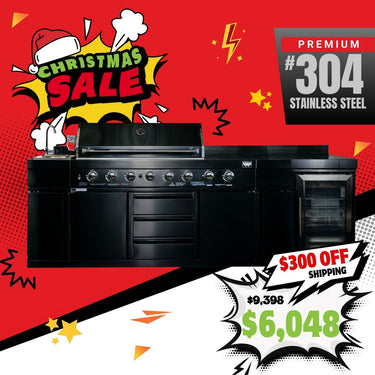 Bull BBQ Black Edition Outdoor Kitchen 8 Burner With Sink & Rotisserie with Single Fridge Cooler Module – #304 Stainless Steel