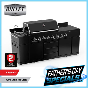 Bull BBQ Black Edition 8-Burner Outdoor Kitchen With Sink & Rotisserie – #304 Premium Stainless Steel