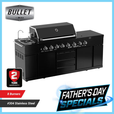 Bull BBQ Black Edition 8-Burner Outdoor Kitchen With Sink & Rotisserie – #304 Premium Stainless Steel