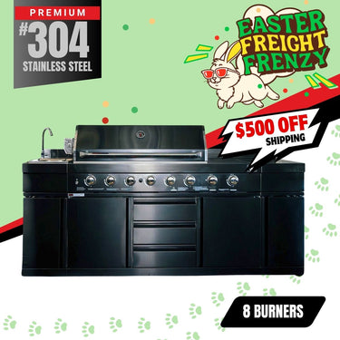 Bull BBQ Black Edition 8-Burner Outdoor Kitchen With Sink & Rotisserie – #304 Premium Stainless Steel