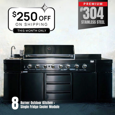 Bull BBQ Black Edition Outdoor Kitchen 8 Burner With Sink & Rotisserie – #304 Stainless Steel