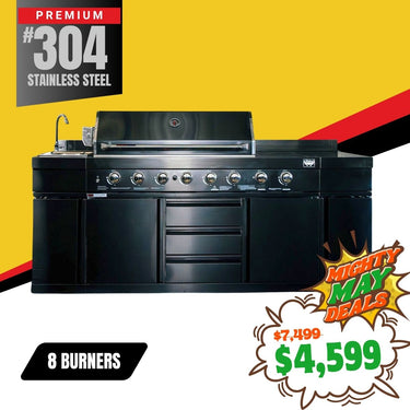 Bull BBQ Black Edition 8-Burner Outdoor Kitchen With Sink & Rotisserie – #304 Premium Stainless Steel