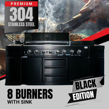 Bull BBQ Black Edition Outdoor Kitchen 8 Burner With Sink & Rotisserie – #304 Stainless Steel