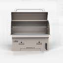 A compact charcoal grill with its lid open, featuring a brushed metallic finish, two interior grates, and a black handle on a clean white background.