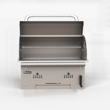 A compact charcoal grill with its lid open, featuring a brushed metallic finish, two interior grates, and a black handle on a clean white background.