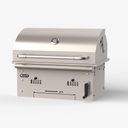 A high graded stainless steel built-in charcoal grill with a curved lid, silver handle, and side handle, shown on a light gray background. The brand name 'Bull' is visible on the front left side.