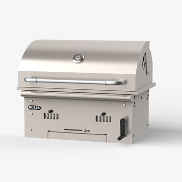 A high graded stainless steel built-in charcoal grill with a curved lid, silver handle, and side handle, shown on a light gray background. The brand name 'Bull' is visible on the front left side.