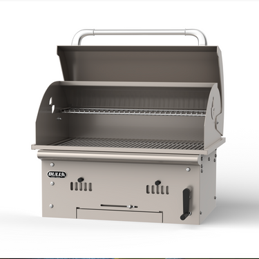 A BULL grill with an open lid, showing the interior grates and a handle on top, set against a plain white background.