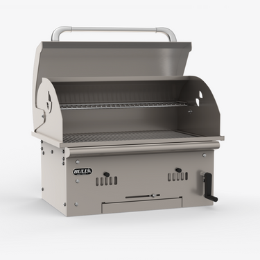A BULL Charcoal grill with an open lid, showing the interior grates and cooking chamber, set against a clean white background.