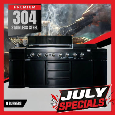 Bull BBQ Black Edition 8-Burner Outdoor Kitchen With Sink & Rotisserie – #304 Premium Stainless Steel